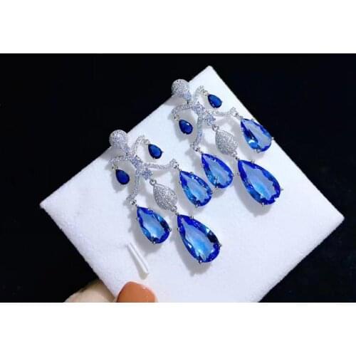 Blue color cubic zircon water drop shape drop earring 925 sterling silver fine women jewelry for party wedding free shipping
