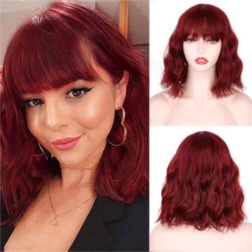 Synthetic Wavy Bob Wig with Bangs Short Bob Curly Hair Wigs Wine Red Color for Women Bob Style Synthetic Heat Resistant Wigs