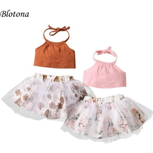 Blotona 2Pcs Sweet Baby Girls Outfit, Summer Solid Color Sleeveless Hanging Neck Short Tops + Floral Print Mesh Skirt Set, 0-18M