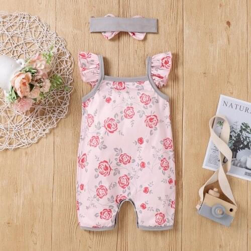 2 Pcs Newborn Rose Print Outfits, Baby Girls Fly Sleeve Square Collar Romper + Bowknot Headband