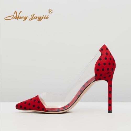 Red&White Polka Dot PVC High Stiletto Pumps Woman Sweet Thin Heels Pointed Toe Shoes For Ladies Large Size 11 13 Party Holidays