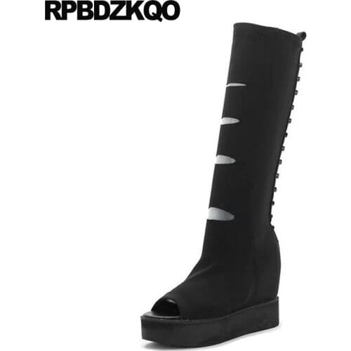High Heel Extreme Creepers Black Boots Rivet Knee Platform Women Wedge Peep Toe Summer Slip On Muffin Ladies Stud Shoes 2017