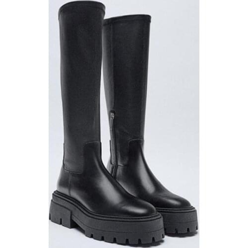 2021 Autumn Winter Boots Women Thick-soled Martin Boots Knee-high Stretch Boots Zipper Mid-tube Womens Boot Shoes Black Botas