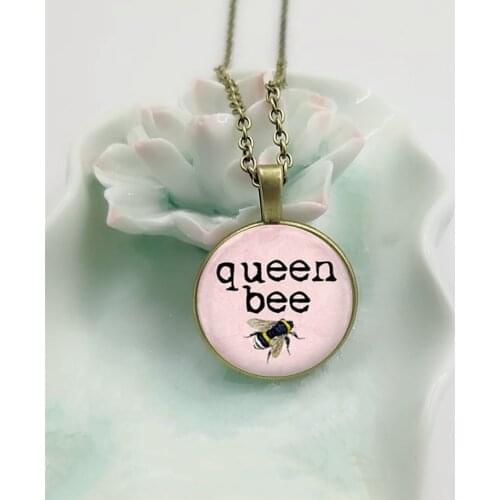 Queen Bee Necklace Bee Bumblebee Insect Light Art Pendant on Bronze or Silver-plated Black Chain Statement Letter Necklace