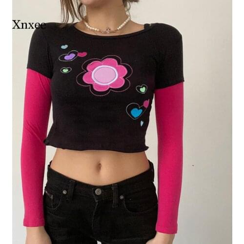 Fake 2 Pieces Contrast Color Y2K Crop Tops Women 2021 Hot O-Neck Long Sleeve Casual t Shirt Tee Shirt Femme Streetwear Clothing