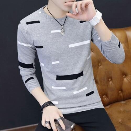 Autumn and winter new mens round neck pullover sweater, fashion slim Korean personality striped knit bottoming shirt S-3XL