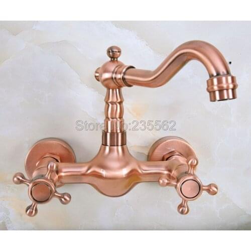 Red Copper Bathroom Kitchen Sink Basin Faucet Mixer Tap Swivel Spout Wall Mounted Dual Cross Handles Lnf946