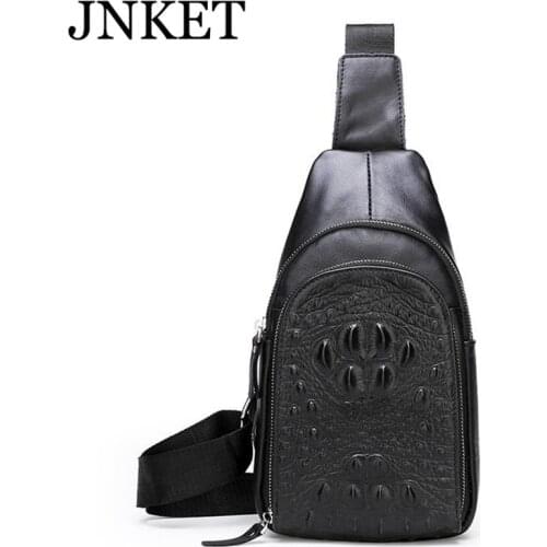 JNKET New Mens Fashion Chest Bag Alligator Pattern Shoulder Bag Sling Bag Cowhide Leather Casual Crossbody Bags