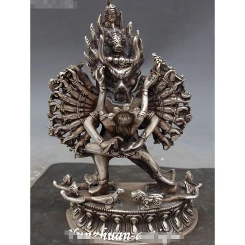 Tibet Buddhism Silver Carving Stand Buddha Yamantaka Yama Dharmaraja Statue