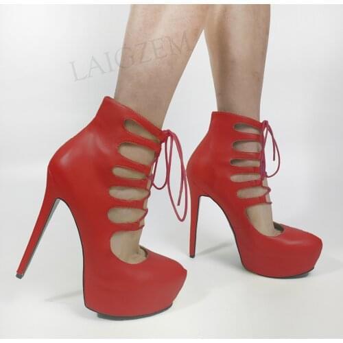 SEIIHEM Women Platform Pumps Round Toe Lace Up High Heels Sandals Shoes Woman Wedding Ladies Scarpe Donna Size 43 44 47 50 52