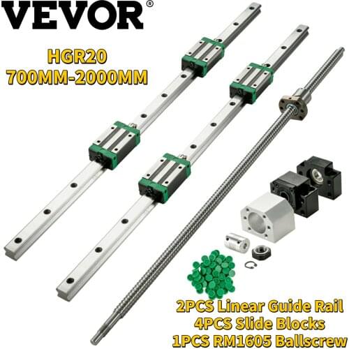 VEVOR HGR20 700-2000MM 2PCS Linear Guide Rails + 4PCS Slide Blocks for CNC DIY Routers Mills W/ Ballscrew Ball Nut BF12/BK12 Nut