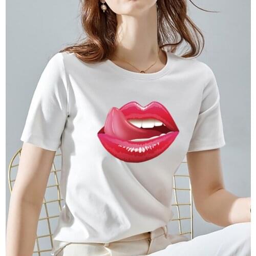 Womens T-shirt Summer Casual Ladies' T-shirt White Basic Street Funny Sexy Wild Cartoon Lip Print Korean Short Sleeve Top