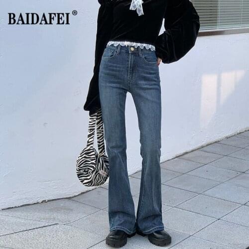 Womens Stretch Slim High-rise Jeans 2021 New Spring Autumn Fashion Flared Long Pants Youth Street Casual Retro Trousers