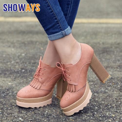 British Women Platform Pumps Pink PU Leather Round Toe Chunky High Heel Tassel Derbies Vintage Casual Lady Lace-up Dress Brogues