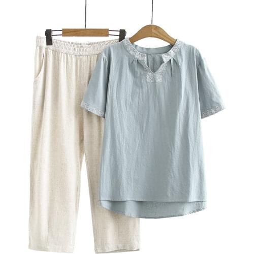 Plus Size XL-4XL Womens Short Sleeve Top + 8/10 Cropped Pants 2pieces Sets Casual Large Size Summer Suits