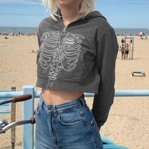 Women Zipper Open Front Jacket Skull Printed Pattern Long Sleeve Hooded Crop Tops Overized Hoodies Y2K Gothic Clothes