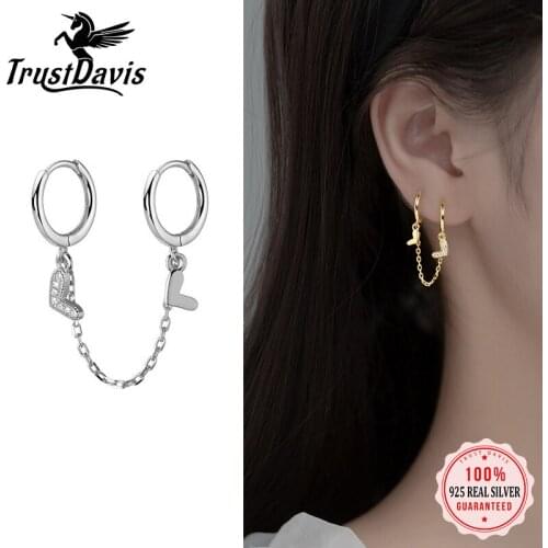Trustdavis 1Pcs Real 925 Sterling Silver Fashion Heart Chain Double Hoop Earrings For Women Wedding Party Fine Jewelry DA2287