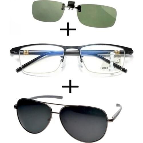 3Pcs!!!rectangular Metal Black Business Reading Glasses Men Women + Polarized Sunglasses Pilot Alloy + Sunglasses Clip