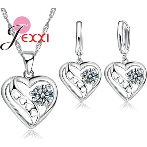 High Quality Heart Shape Romantic Real 925 Sterling Silver 18'' Chains Necklace Earrings Jewelry Sets for Women Girl Party