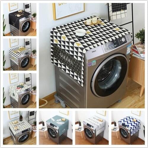Geometric Washing Machine Covers Waterproof Letter Towel Cotton Linen Plaid Dust Cover With Pocket Home Decor