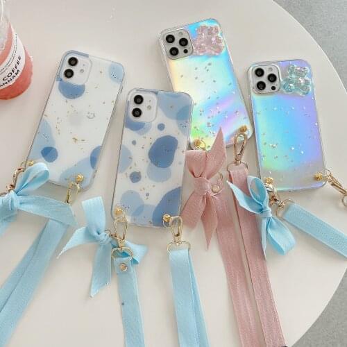 Epoxy Glitter Sequins Clear Laser Paper Phone Case for iPhone 12 Mini 11 Pro XS Max Bowknot Hanging Rope Crossbody Strap Cover