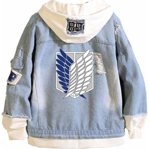 Anime Attack on Titan Unisex Streetwear Long Hooded Jeans Jacket Guilty Crown Death Note Harajuku Denim Patchwork Hoodies Coat
