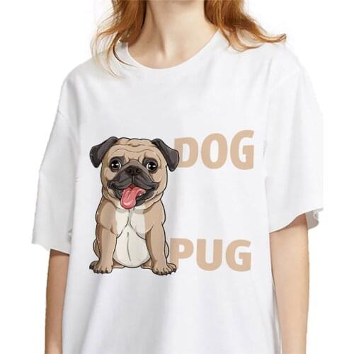 Kawaii pug dog animal graphic print women tshirt Ulzzang Harajuku T-shirt White Round Neck Short Sleeve Ladies tee shirt