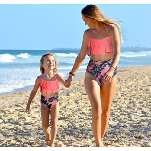 Bikini Set High Waist Baby Girls Swimsuit Lotus Leaf Bathing suits Family Matching Outfits Printed Mother Daughter Swimwear