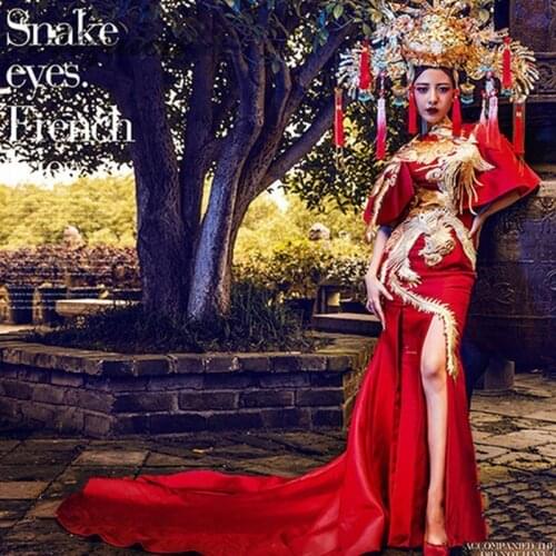 Red Embroidery Phoenix Cheongsam Wedding Dresses Sexy Split Chinese Evening Dress Qipao Long Summer Women Vintage Party Gown