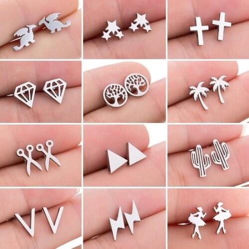 Mini Stainless Steel Earings Fashion Jewelry Small Animal Ear Studs Punk Cross Star Dragon Ballet Stud Earrings Pendientes Gifts