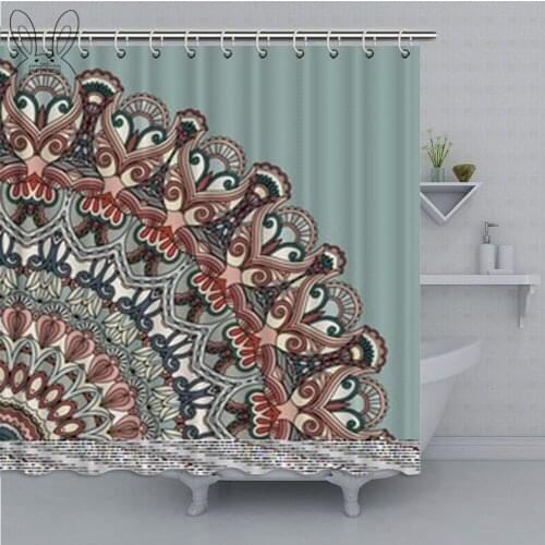Mandala Ethnic Indian Flower Circle on Lace Ornaments Traditional Design Cream Cocoa Light Blue Bathroom Curtain Shower Set