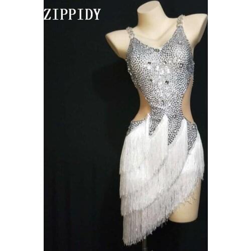 Fashion Female Singe Rhinestone Fringes Party Birthday Celebrate Silver White Dress Fashion Costume Costume Customize Size