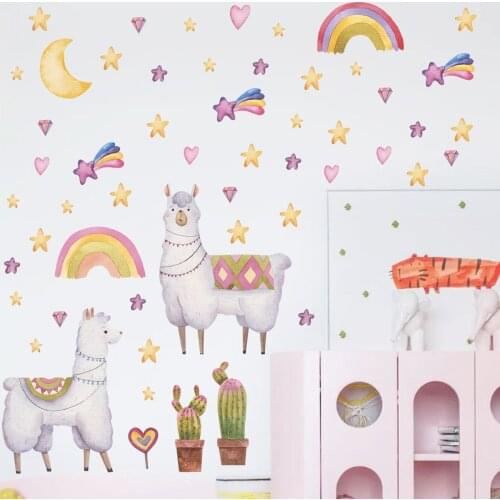 Cartoon Alpaca Wall Sticker Boy Girl Bedroom Kids Room Decor DIY Nursery Animal Decals Poster Self-adhesive Wall Decaotion Mural