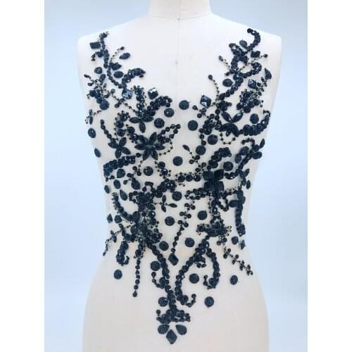 Handmade crystal patches sew on black rhinestones applique on mesh trim for dress accessory