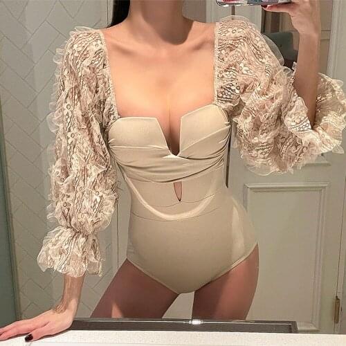New 2021 Korean Women Sexy White Swimsuit with Long-sleeved Lace Swim Suit One Piece Bathing Suit Swimwear Ladies Monokini Woman