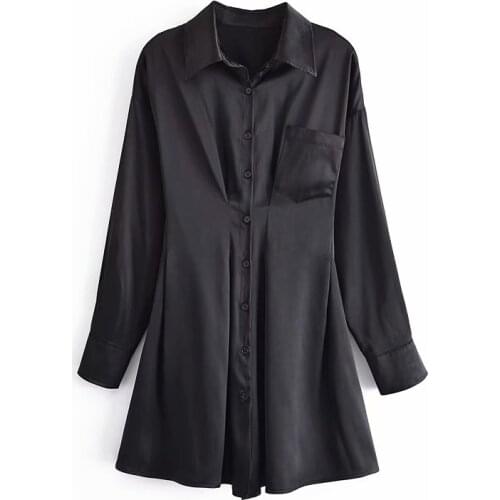 New Women Vogue Satin Tunic Shirt Dress Long Sleeves Single-breasted Elegant Chic Lady Short Dresses Woman Robe