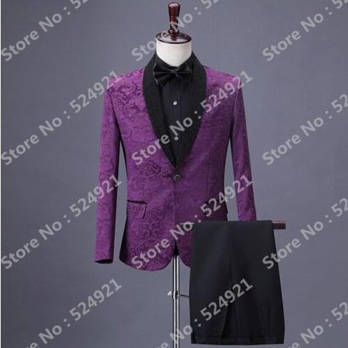 New Arrival Men Suits Purple Pattern and Black Groom Tuxedos Shawl Lapel Groomsmen Wedding Best Man ( Jacket+Pants+Tie ) C743