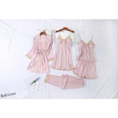 New Design Sleepwear Women Sexy Pijama Summer Faux Silk Pajamas For Women 5 Pieces Pyjama Suit Home Clothes