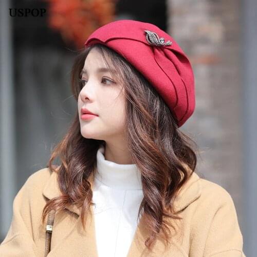 USPOP New wool berets women diamond solid color beret female autumn winter hats wool fedoras