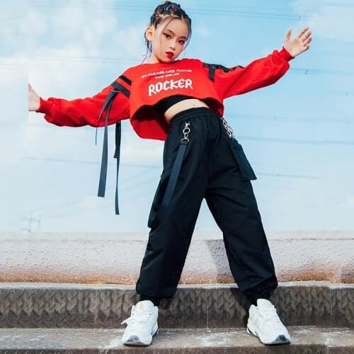 Girls Hip Hop Clothing Red Tops Black Pants Casual Overalls Street Dance Wear Jazz Performance Clothes Hip Hop Kids Wear