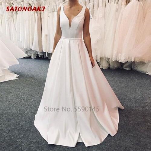 2020 Simple A-Line Wedding Dress Sleeveless Draped Skirt Satin Bridal Gown Full Length Vestido De Novia Robe Mariee Online Shop