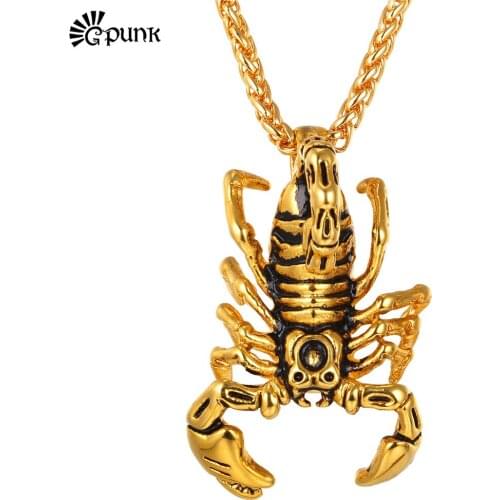 G Punk Rock American Style Men Chain Scorpion Pendant Gold color Stainless Steel Black Vintage Women Statement Necklace P1833G