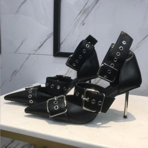 Buckle Strap Patent Leather Pumps Women High Heel Shoes Pointed Toe Autumn Single Shoes Female Sexy Genuine Leather Ladies Shoes