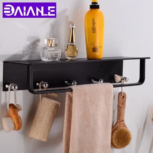 Bathroom Shelf Corner Aluminum Bathroom Shelves Shower Storage Rack with 5 Hooks Wall Mounted Single Towel Bar Holder Black