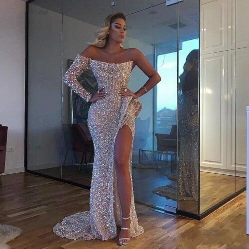 Aso Ebi Sparkly Sexy Prom Dresses High Split Sequined One Shoulder Mermaid Evening Dress Dubai Formal Party Gowns Vestidos