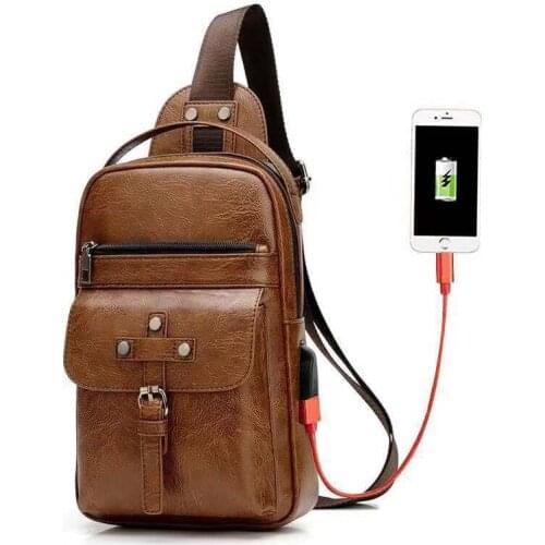 Vintage Chest Bag USB Mens Bag Leisure Backpack Mens Shoulder Bag Messenger Bag Tourist Male Zipper Small Bag Bandolera Hombre