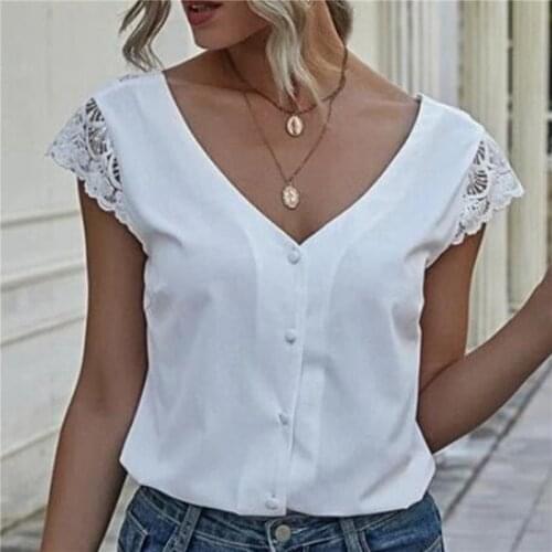 Summer Sexy Lace Patchwork Hollow Out Shirt Fashion White Vintage Long Sleeve Tops Button Mesh Crochet Lace Blouse Women