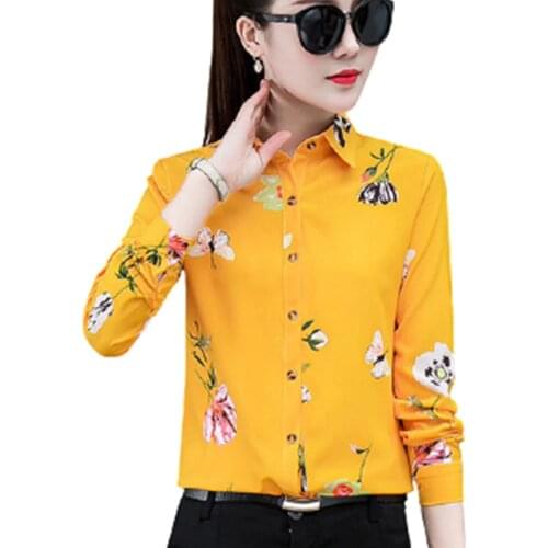 Plus Size Print Floral Women Shirt Spring Autumn New Korean Lapel Long Sleeves Slim Chiffon Blouses Fashion Yellow Street Tops