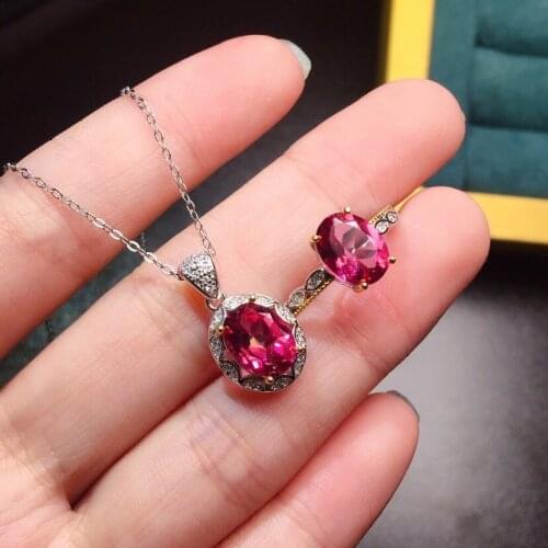 925 New Fashion Jewelry Set Color Separation Simulation Rose Red Tourmaline Color Treasure Adjustable Ring Pendant Necklace Girl