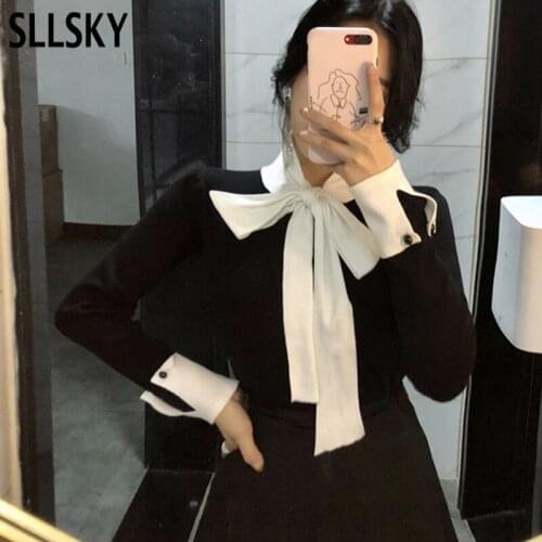 SLLSKY Bow tie Knitted Women Sweater Autumn New Korean Style Ins Slim Female O-Neck Long Sleeve Causal Bottom Trend Pullovers